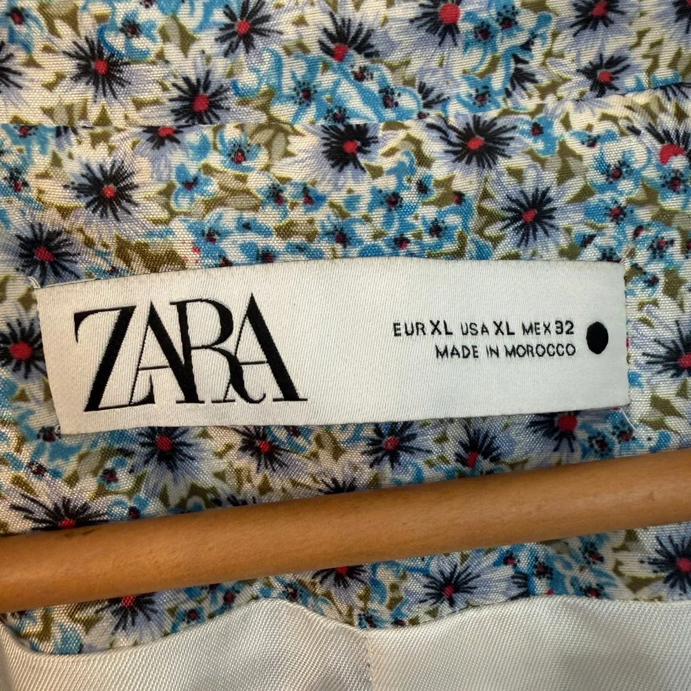 Zara Floral Blazer Womens XL Blue Ditsy Print Lightweight Spring Jacket Boho - Picture 3 of 9